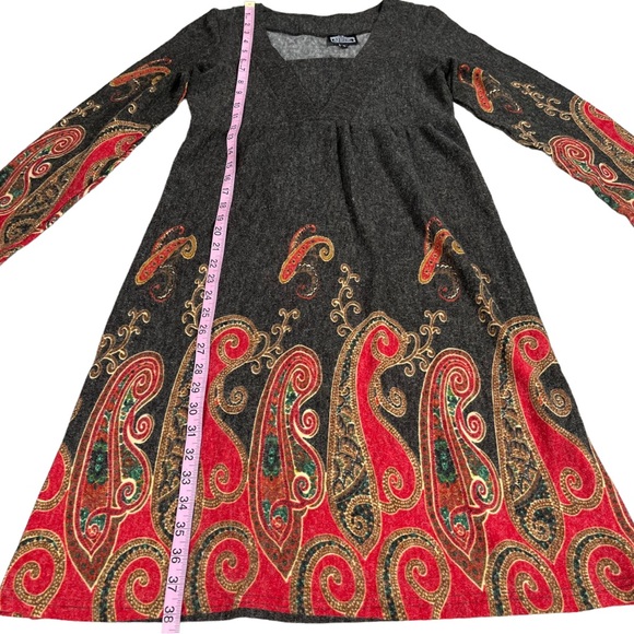 Angie size small red gold dark gray swirls/flames dress long sleeves vneck EUC - Picture 8 of 10